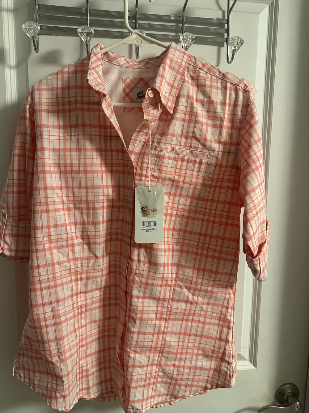 Coral Plaid Button-Up Shirt - Lightweight Casual